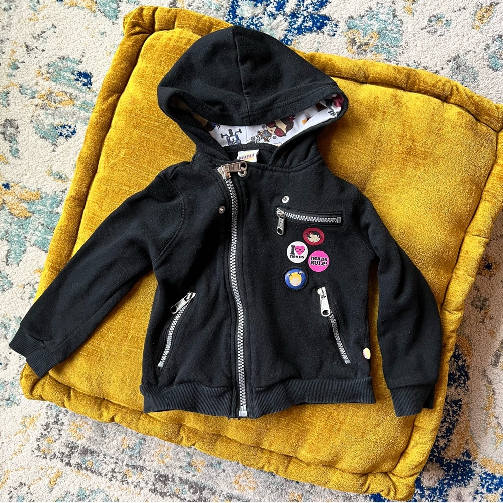 Harajuku Mini Toddler / Little Girls Black Hoodie Zip Up Jacket Coat, size 4